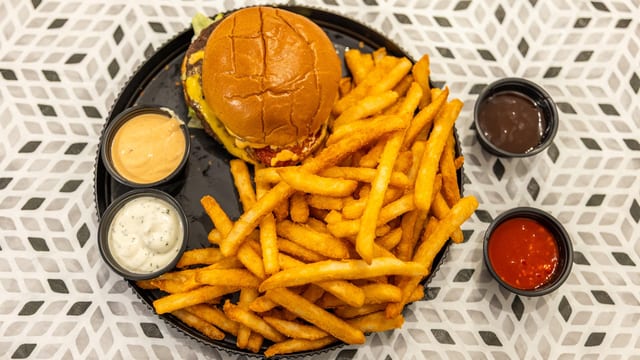 Beef Burger with Fries.